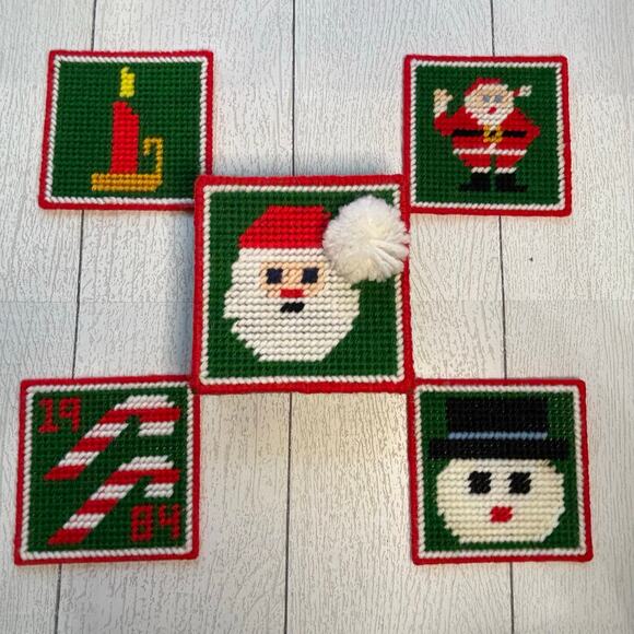 Vintage Plastic Canvas Christmas Coaster Set with Holder - Picture 1 of 9